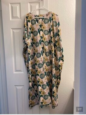 Floral Print Long Kaftan Dress in Green, Yellow, Cream